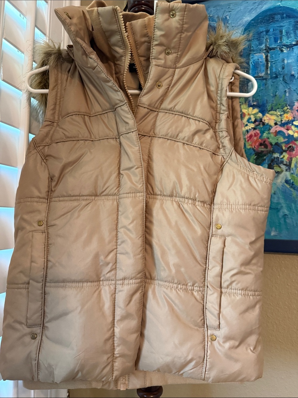 New York & Company Taupe Quilted Puffer Vest with Faux Fur Hood